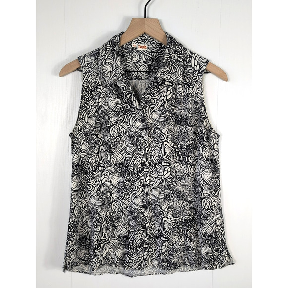Tianello Womens XS Button Up Sleeveless Top Floral Black White Tencel Blouse - Picture 1 of 13